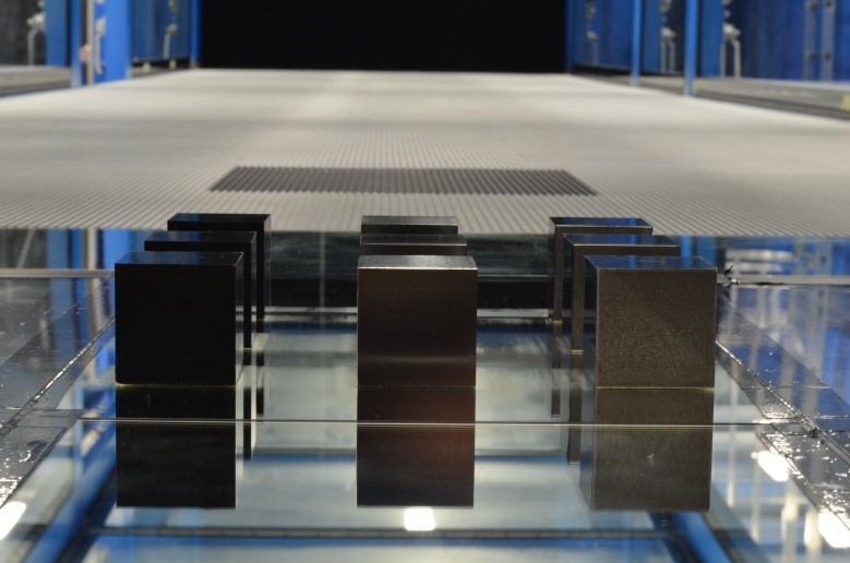 Measurement setup for flow around 9 cubes positioned in a regular array.