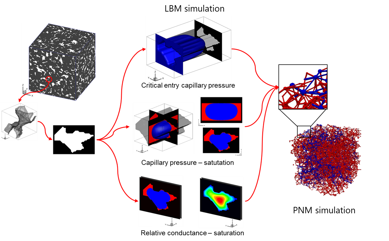 Two-phase drainage simulation coupling lattice Boltzmann method and pore network model.