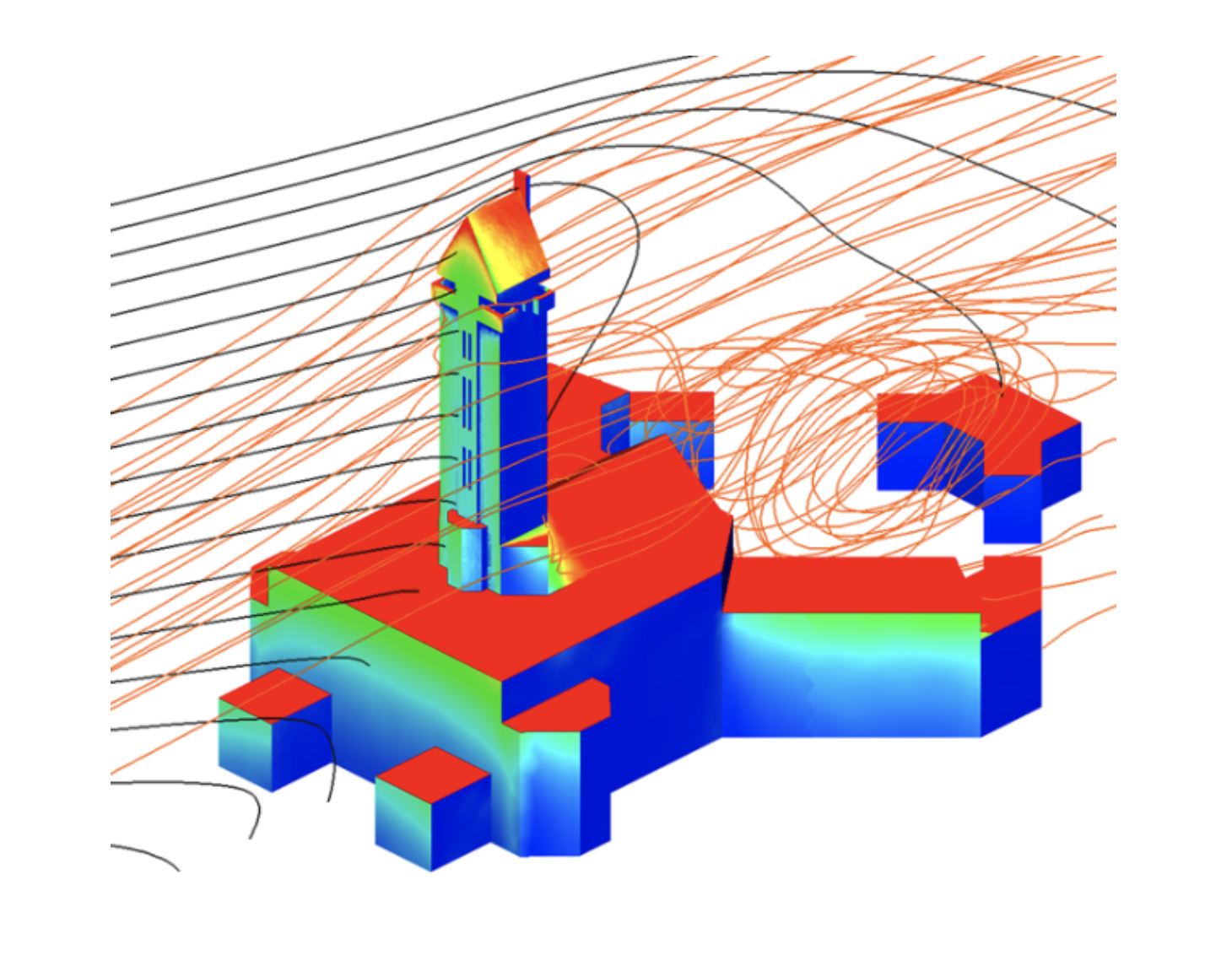 Wetting distribution due to wind-driven rain on historical building (St. Hubertus Hunting Lodge, The Netherlands – Building geometry provided by Prof. Bert Blocken). Orange lines are streamlines of wind flow; black lines are trajectories of raindrops